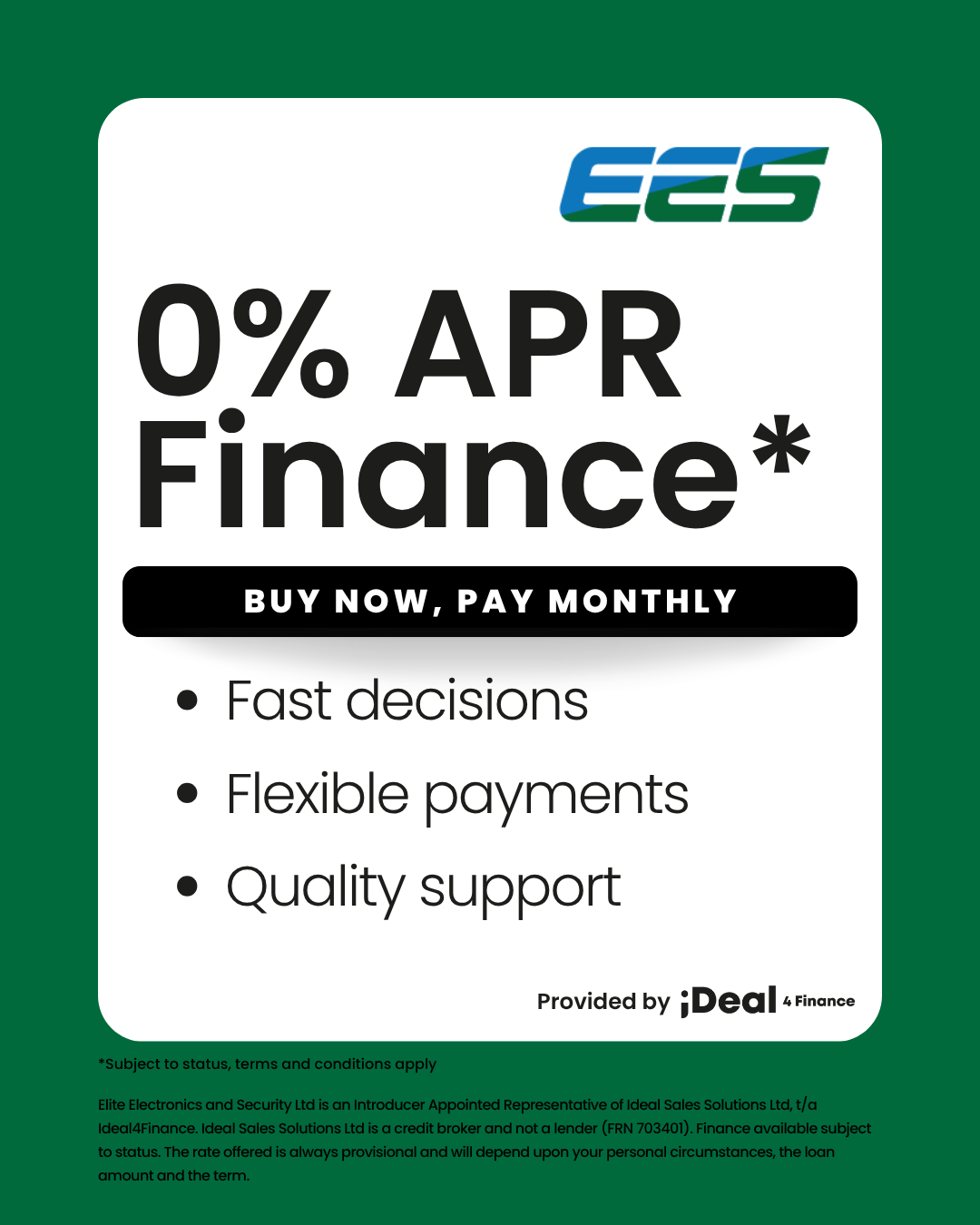 Elite Electronics & Security Ltd – Social media Flexible Finance including 0% Finance available on CCTV, Security System Installations